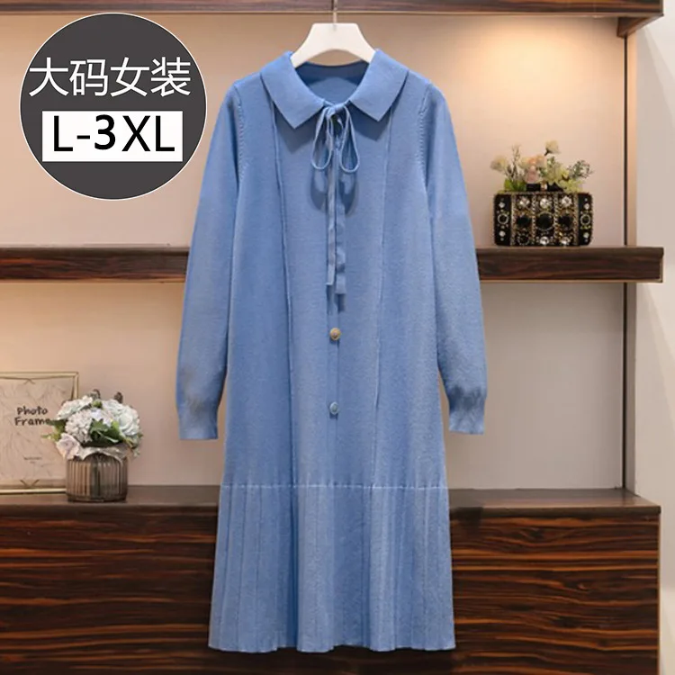 

Large Size Dress Fold-down Collar Lace-up Bow Wrinkle Knitted Sweater Long Sleeve Base Skirt Fat Mm Dress Spring And Autumn