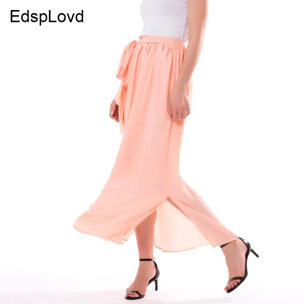 EdspLovd, женская модная шифоновая юбка с разрезом, с поясом, эластичный пояс и длинная подкладка, богема пляжная юбка, одноцветная AZS205