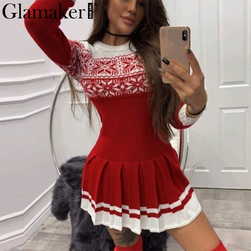 Glamaker Красное вязаное рождественское Плиссированное короткое базовое элегантное