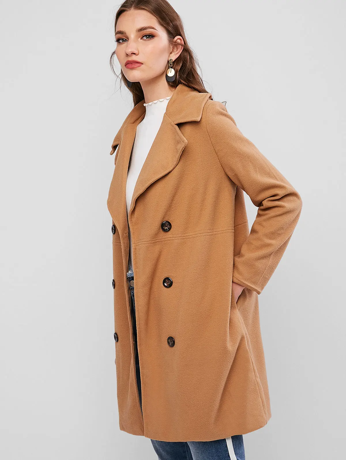 ZAFUL удлиненный карман Peacoat твердый воротник с лацканами Полушерстяное пальто с широкой талией двубортный передний карман X-long пальто для женщин