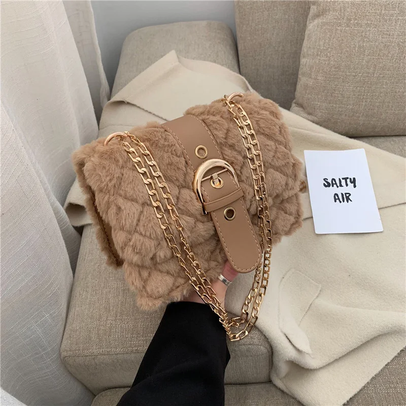 

Elegant Female Plaid Square bag 2019 Winter New Quality Soft Plush Women's Designer Handbag Lock Chain Shoulder Messenger Bags