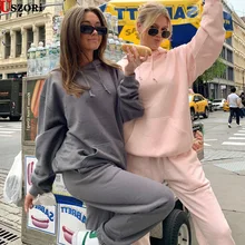 

2021 Women's Fashion Autumn New Tracksuit Solid Color Tops And Pants Loose Hooded Sports Leisure Suit 2 Piece Set