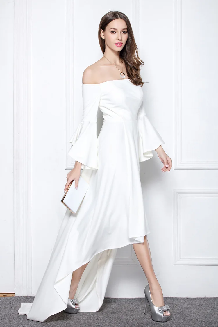 CK630 Spring New Arrival off-Shoulder Bell Sleeve Front Short Long Back Slim Fit Elasticity-Glorious Dress Women's Adult