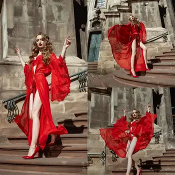 

Sexy Red Night Robe with Belt 2020 Loose Long Sleeves Lace Women Bathrobe Top Quality Party Sleepwear Bridal Nightgown Robes