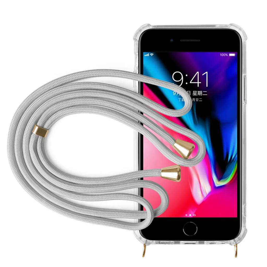 Lanyard Neck Strap transparent TPU case Retractable String Silicone Phone Cover Case Full Protection Shock Proof for iphone 7/8