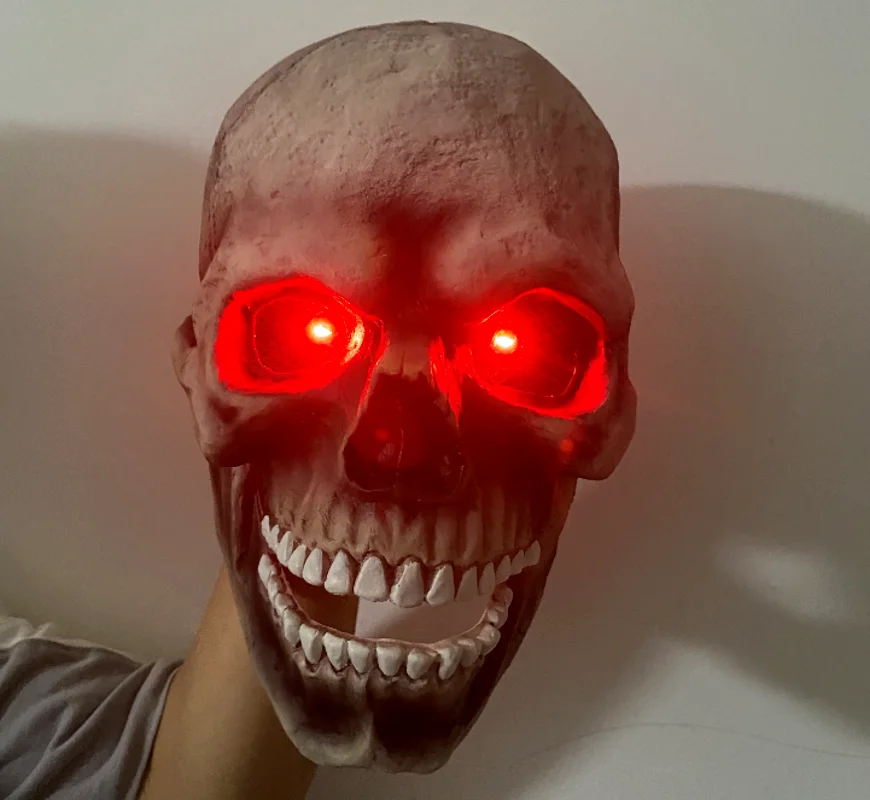 Halloween Glowing Skull Movable Mouth Latex Mask Luminous Eyes Face Cosplay Devil Ghost Horror Mask Skeleton Helmet Game