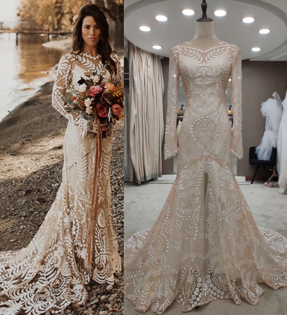 blue wedding dress 4055# Real Photos Two Piece Long Sleeve V Neck Open Back Sheath Slit Bohemian Sweep Train  Lace Wedding Dress Bride Gown 2021 wedding dress for women