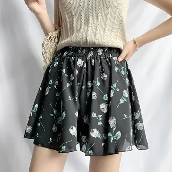 

Summer Chiffon Shorts Skirt For Women Loose Floral Print Casual Large Size Elastic High Waist Beach Femme Wide Leg Shorts