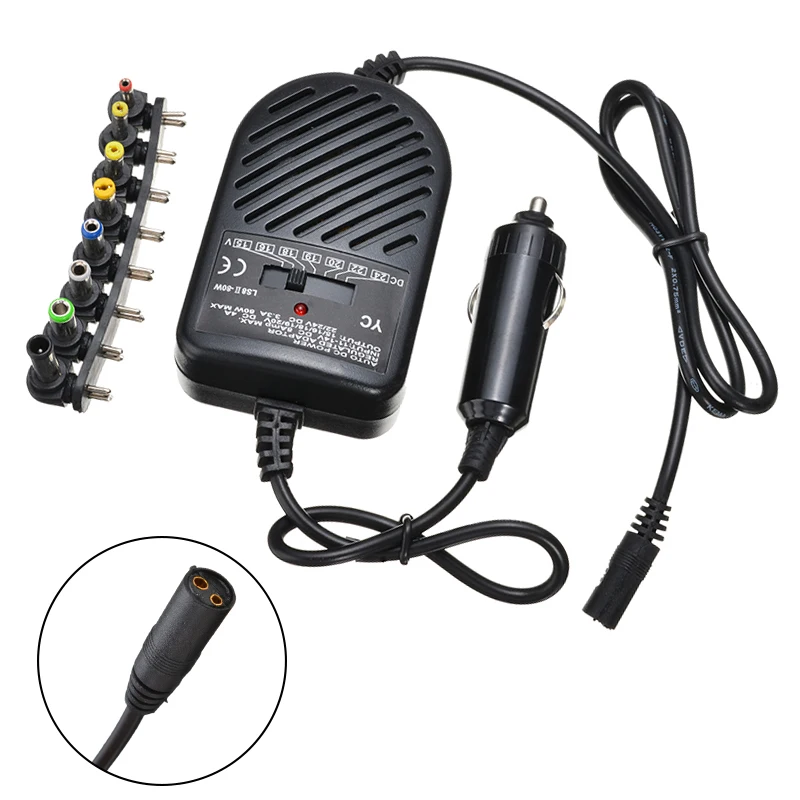 8pcs Detachable Plugs Power Adapter 80W Adjustable Portable Car Charger For HP ASUS DELL Lenovo Samsung Laptops