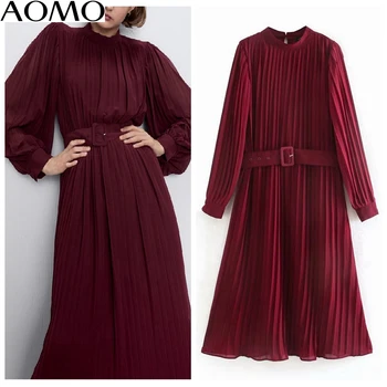 

AOMO fashion women dress red pleated dress with slash 2020 new arrival Long Sleeve Ladies elegant midi Dress Vestidos CE225A