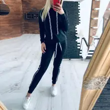 Женский комплект из 2 предметов для бега, модный спортивный костюм с капюшоном в полоску, тренировочный Повседневный свободный свитер, флисовые джоггеры#1007