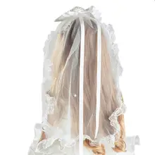 Детские двухслойные Свадебные вуали с цветами для девочек, цвет слоновая кость свадебное кружевное вуаль, длинная вуаль для свадьбы, крещения, Причастия