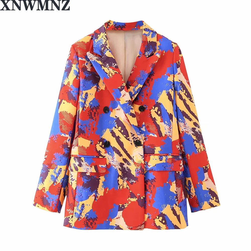 Women Street Fashion Blazers Loose Double Breasted Suit Graffiti Printed Mid Long Coat Pocket Streetwear Casual Jacket Female