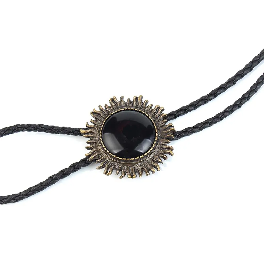 Vintage Antique Bronze Sunflower Black Stone Western Cowboy Bolo Tie Necktie