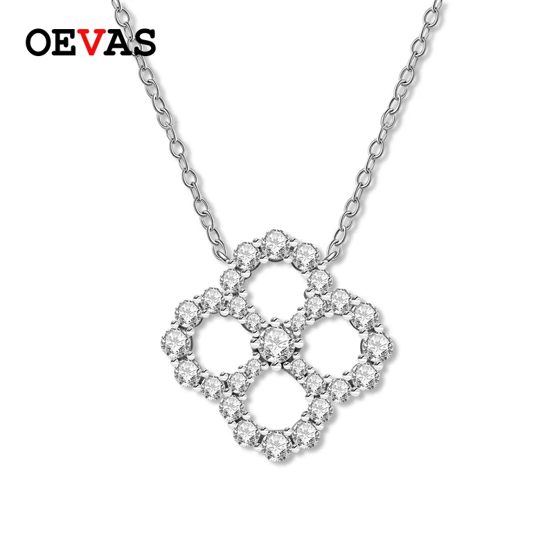 

OEVAS 100% 925 Sterling Silver Hollow Out Four Leaf Clover Pendant Necklace For Women Sparking Full High Carbon Diamond Jewelry