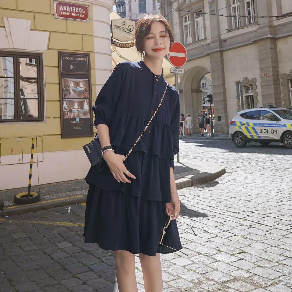 

Photo Shoot CHIC Early Autumn Korean-Style Sweet Navy Crew Neck Single-Breasted A- line Cake Shirt Dress Mid-length