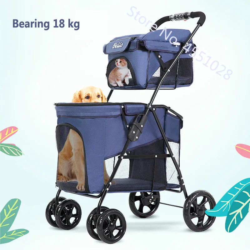Lightweight Folding Pet Doublelayer Trolley Dog Pet Stroller Cat Cage Fourwheeled Outdoor