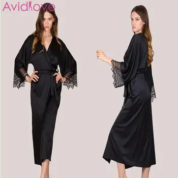 

Women Sexy Lingerie Lace Patchwork Long Sleeve Loose Kimono Bathrobe V-neck Babydoll Chemises Female Temptation Nightgown
