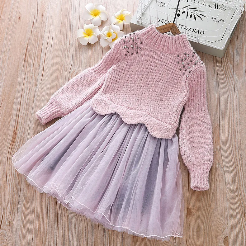 

Kids Sweater Winter Dress for Girls Beading Knitted Ganze Dress Princess Fall Thick Fashion Clothing for Children
