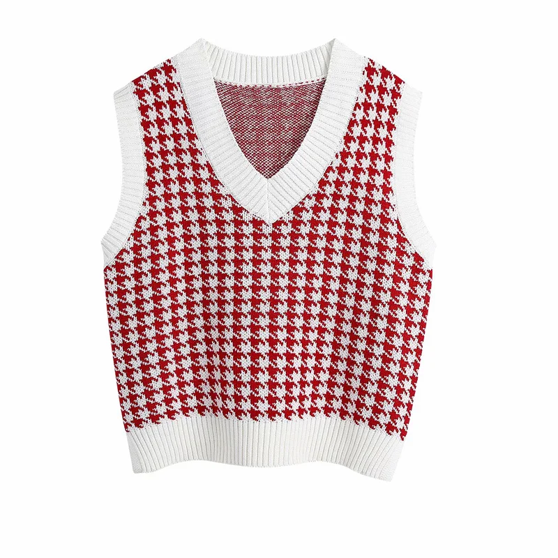

New Women Houndstooth Knitted Vest Sweater 2020 Spring/Autumn Chic V-Neck Female Loose Atmosphere Sweaters knitwear Tops BB3034