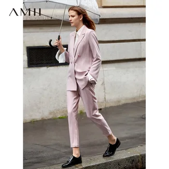 

Amii Office Lady Two Piece Set Spring Women Long Sleeve Striped Blazer High Waist Pants 11930016