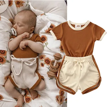 

Pudcoco US Stock 0-18M Infant Baby Girl Boy Soild Cotton Outfits Button Short Sleeve Romper Bodysuit+Shorts Set Pajamas Clothes