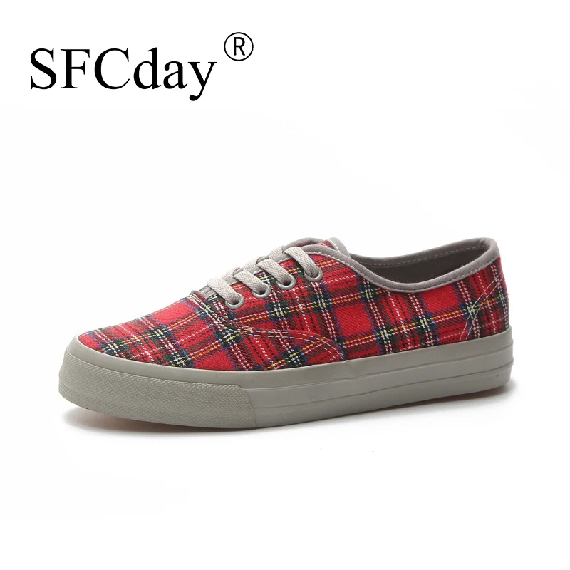 

NEW 2019 Women Plaid Canvas Flat Vulcanized Shoes Shallow Lace Up Ladies Platform Autumn Fashion Casual Sneakers Female Footwear