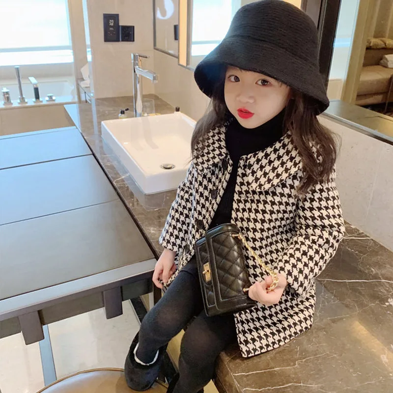 

DFXD England Style Baby Girl Houndstooth Wool Coat For Winter New Fashion Thick Single-breasted Long Jacket Kids Woolen Outwear