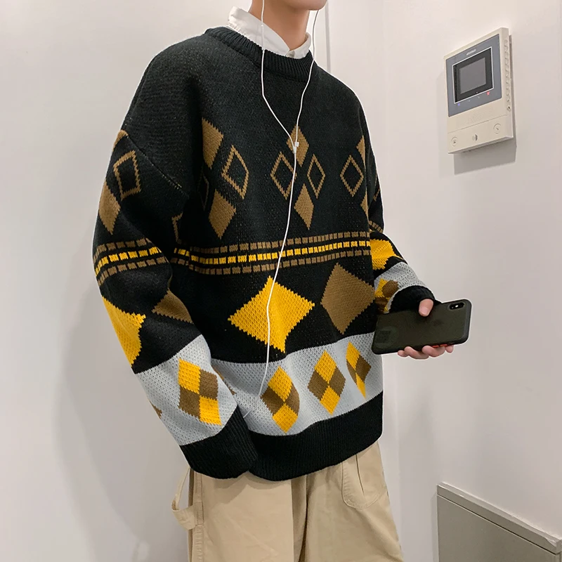 

2019 Winter Men's Geometric Printing Knitting Leisure Coats In Warm Woolen Pullover Casual Youth Brand Cashmere Sweater M-2XL