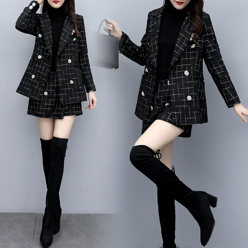 

2019 Autumn And Winter New Style Two-Piece Set Korean-style Elegant Plaid Small Suit Coat Shorts Fashion Graceful WOMEN'S Suit