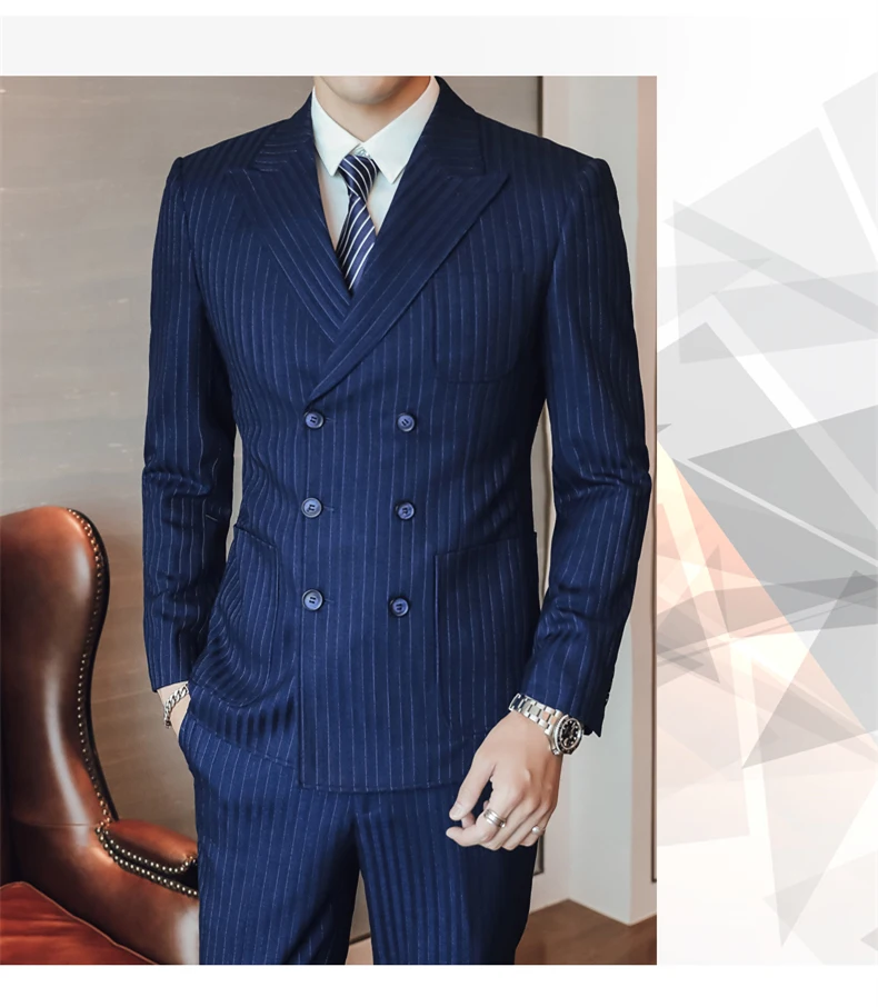 Plyesxale темно-синий полосатый костюм для мужчин Slim Fit мужской костюм Свадебные 3 шт. высокого качества мужские s двойные приталенные пиджаки 5XL Большие размеры Q703