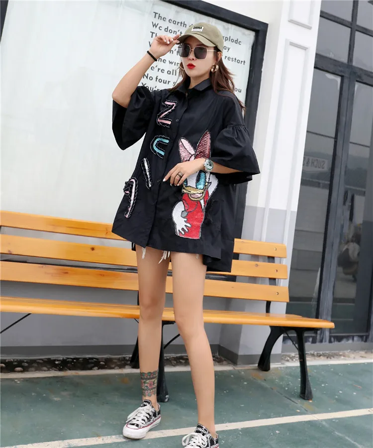 Marca nueva industria pesada lentejuelas donald duck mangas acampanadas camisa suelta camisa mujer verano