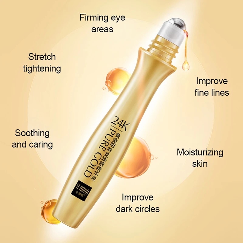 SENANA 24K Gold Bright Eye Serum Anti Aging Roll on Essence Remove Dark Circles Hydrating Moisturizing 4