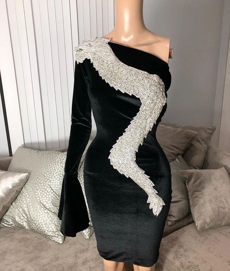 plus size prom & dance dresses Black Short Prom Dress 2022 One Sleeve Silver Beaded Handwork African Girl Straight Mini Prom Dresses mini prom & dance dresses