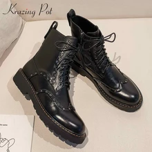 Krazing pot/базовая обувь из натуральной кожи с перфорацией типа «броги», заклепками, на шнуровке, с круглым носком, на среднем каблуке; зимние женские Теплые ботильоны черного цвета; L97