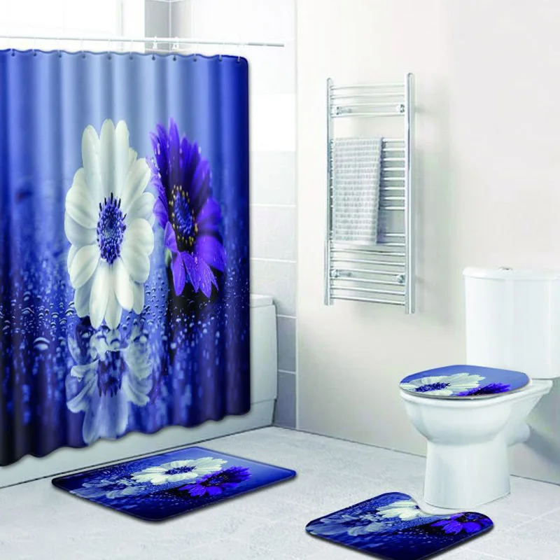 

4pcs/set Flower Print Pattern Waterproof Bathroom Shower Curtain Polyester Anti-slip Bath Mat Contour Rug Toilet Lid Cover