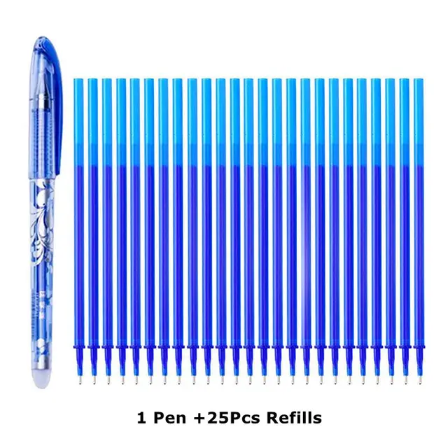 Erasable Pen Set 0.5mm Needle Bullet Tip Gel Ink Pens Refills Rods write erase Washable Handle for School Office Supplies 1 pen 25 refills B