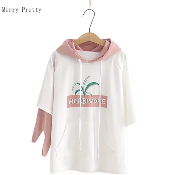 

Cartoon Print Cotton Hoodies Sweatshirts For Women 2020 Fashion Asymmetry Sleeve Hooded Tracksuits Female Korean Pullovers