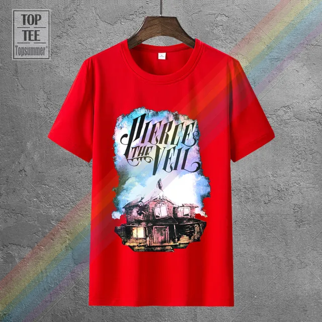 Pierce The Veil Mens T Shirt Ghostie Rising Through Dilapidated House 0013761-Red