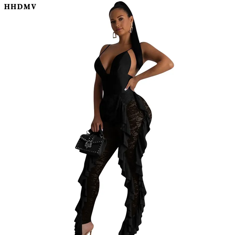 HHDMV GYD18113 sexy high street style jumpsuits sleeveless cross condole belt lace ruffles hollow out jumpsuits long pants