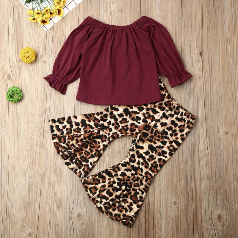 Осенняя детская одежда повседневные топы с длинными рукавами для маленьких девочек, футболка с леопардовым принтом, расклешенные штаны с колокольчиком, осенняя одежда - Цвет: As Photo Show