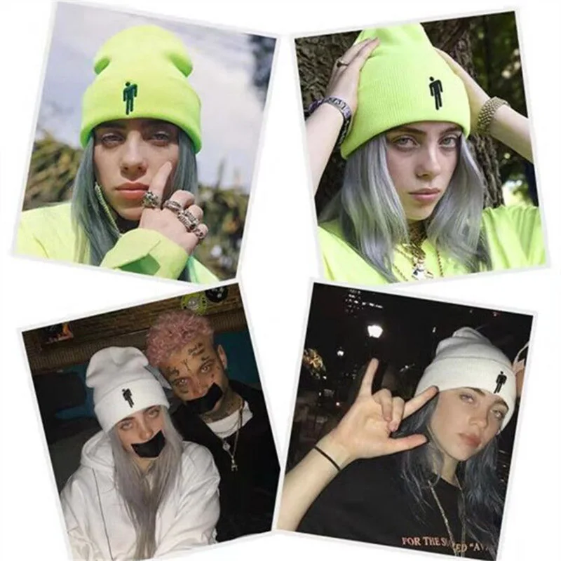 Зимние шапки для женщин Billie Eilish Beanies, вязаные шапки для маленьких мужчин с вышивкой, осенняя шапка для мужчин, женская шапочка в стиле хип-хоп