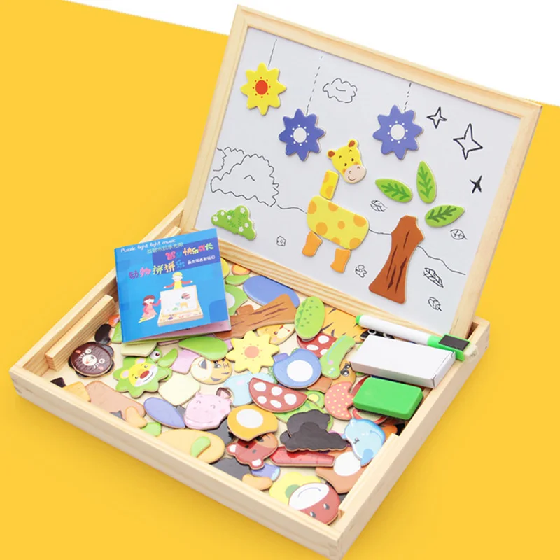 Educational Magnetic Box with Whiteboard and Chalkboard Jigsaw Board Wooden Puzzle Toy YH-17
