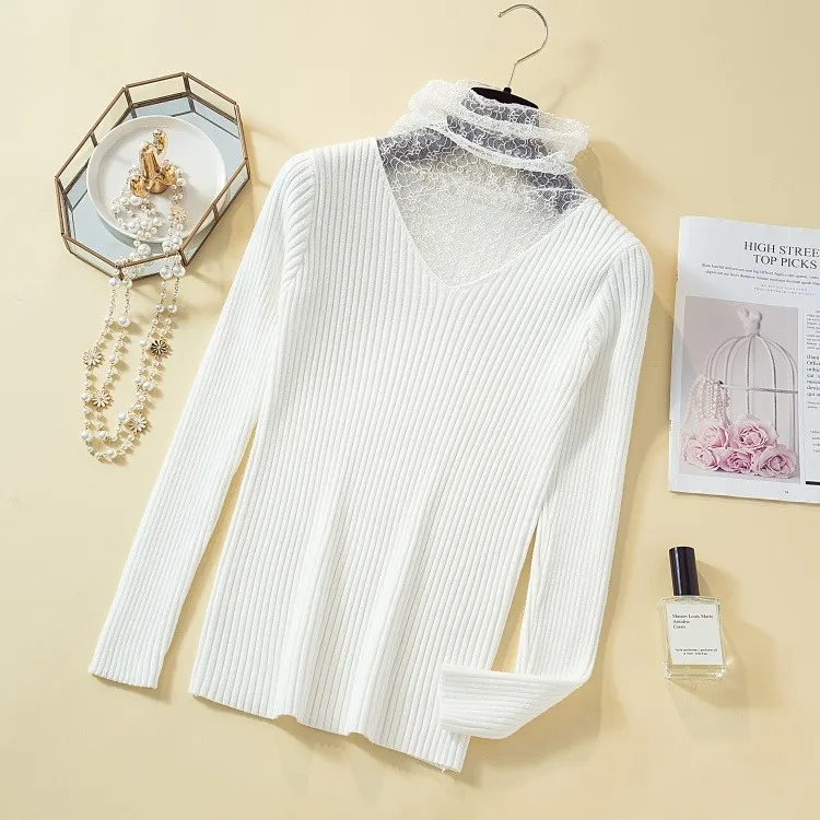 Colorfaith, новинка, осенне-зимние женские свитера, приталенный вязаный свитер с v-образным вырезом, модные кружевные пуловеры, женские топы SW512 - Цвет: Белый