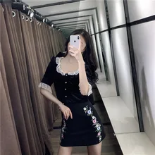 2020 New Summer Women Set Short Sleeve O-Neck Lace Single Breastde Flare Sleeve Tops Mini Floral Embroidery Skirt Fashion Button 2020 New Summer Women Set Short Sleeve O-Neck Lace Single Breastde Flare Sleeve Tops Mini Floral Embroidery Skirt Fashion Button