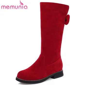 

MEMUNIA 2020 new arrival mid calf boots women flock round toe bowknot autumn winter boots casual low heels shoes female