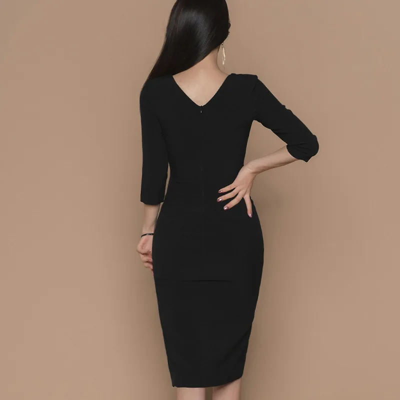 S-XL, черное сексуальное облегающее платье большого размера, женское контрастное вечернее платье с запахом, женское Бандажное облегающее платье с разрезом три четверти
