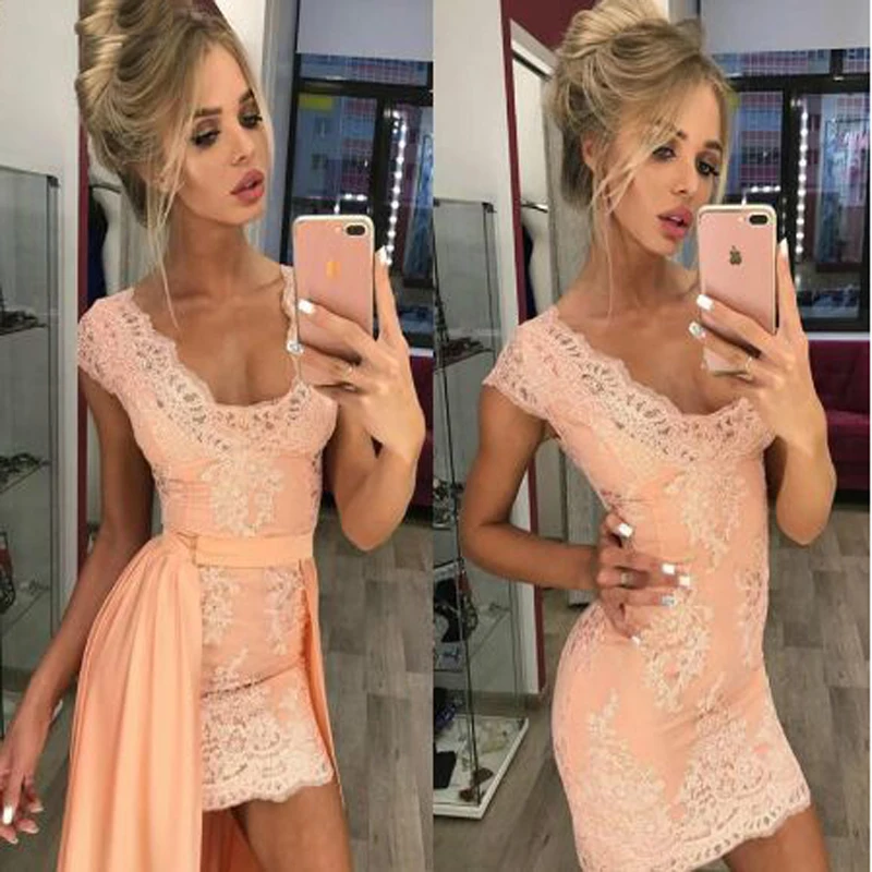 Same as image Кружевные коктейльные платья с коротким рукавом, Простые Вечерние платья до колен без рукавов с v-образным вырезом - Цвет: Same as image