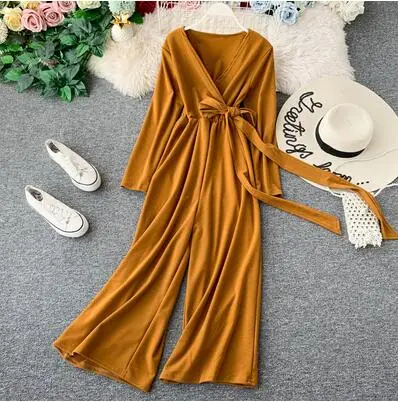 Ginger Новые сексуальные широкие брюки с v-образным вырезом элегантные комбинезоны размера плюс комбинезон с длинным рукавом Комбинезоны-туники для женщин со шнуровкой на талии - Цвет: Ginger