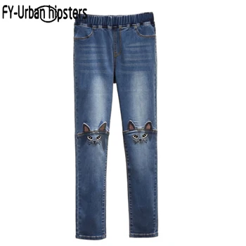 

2019 New Women high waist Elastic waist Embroidered Cat Denim Jeans stretch Pants Trousers pencil skinny jeans woman plus size